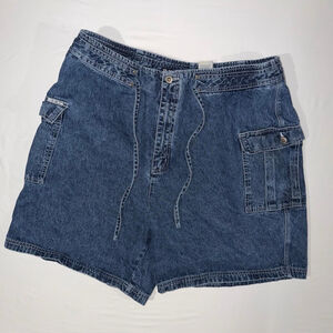 VTG RVT Serve Piping Hot Cargo Denim Shorts Size 22 Acid Wash Blue Drawstring Y2